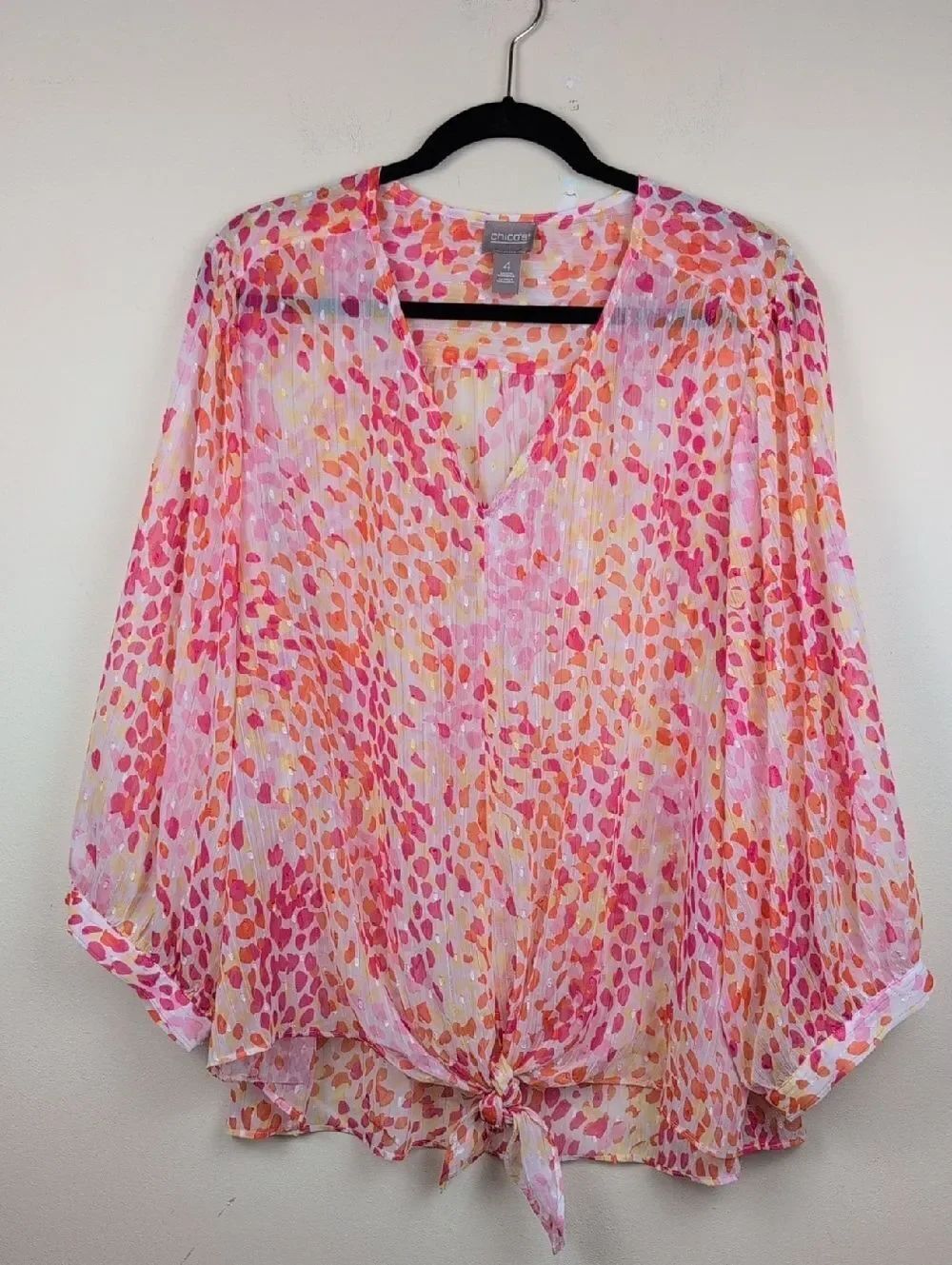 Chico's Semi Sheer Relaxed Fit Tie-Front Blouse Size 4 / XXL